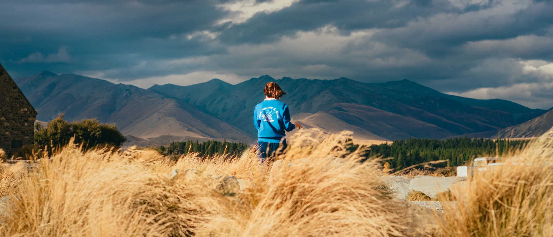 Before the Weather Turns — a figure in blue among golden grasses under a dramatic sky